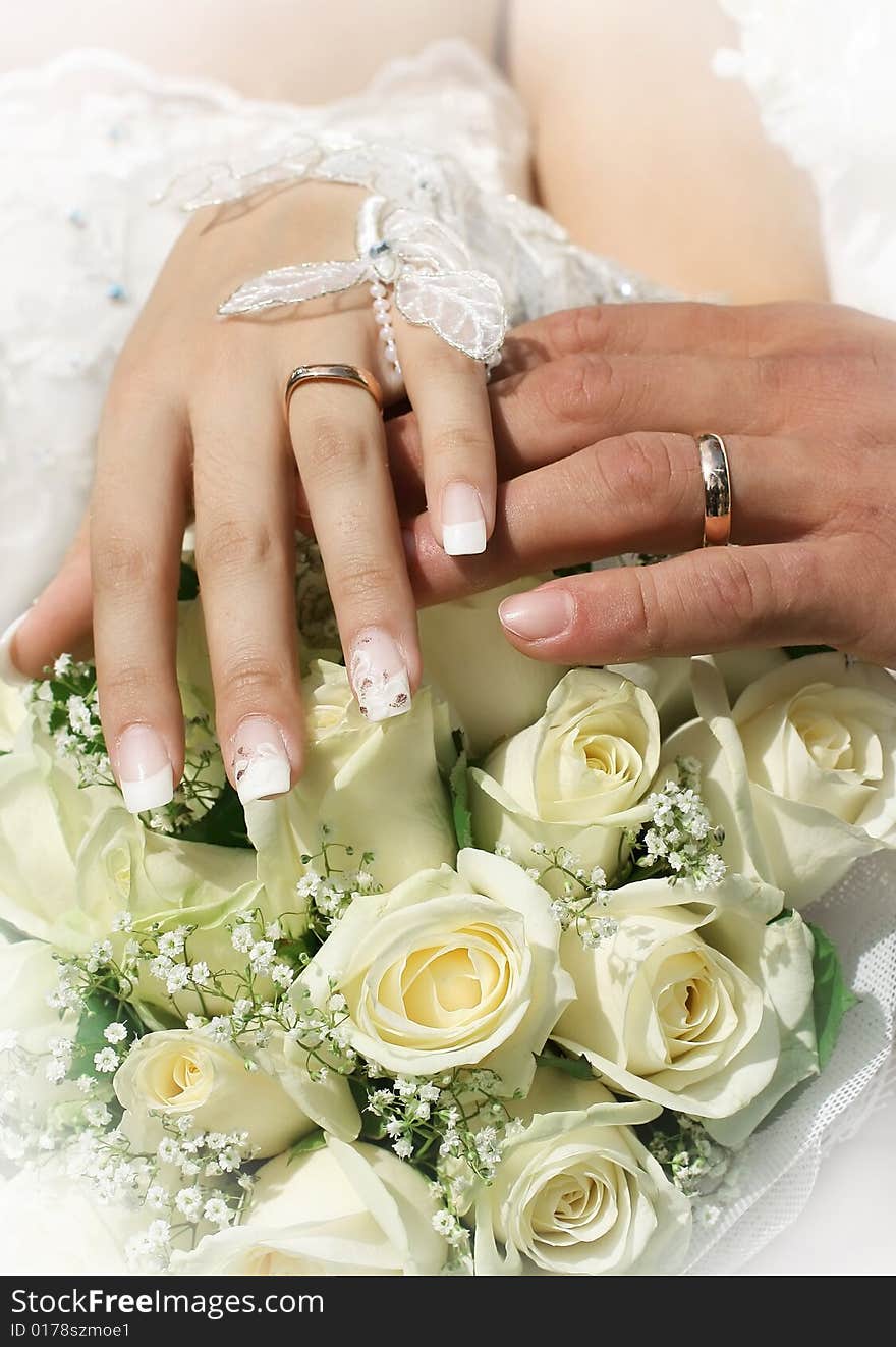 Hands of bride and groom with rings