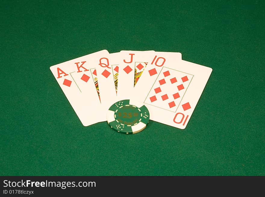 Royal flush on the green casino table. Royal flush on the green casino table