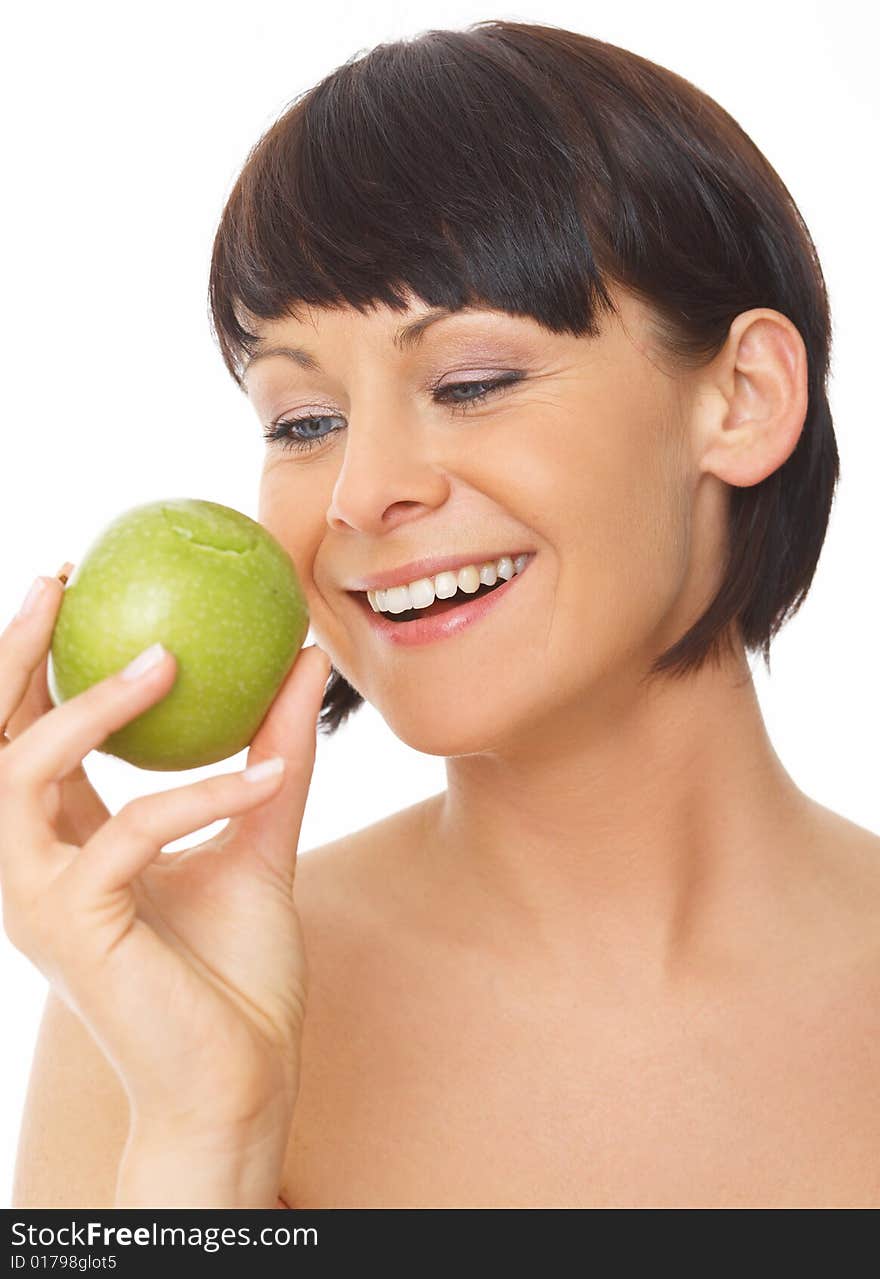 Portrait of beautiful woman with green apple on white. Portrait of beautiful woman with green apple on white