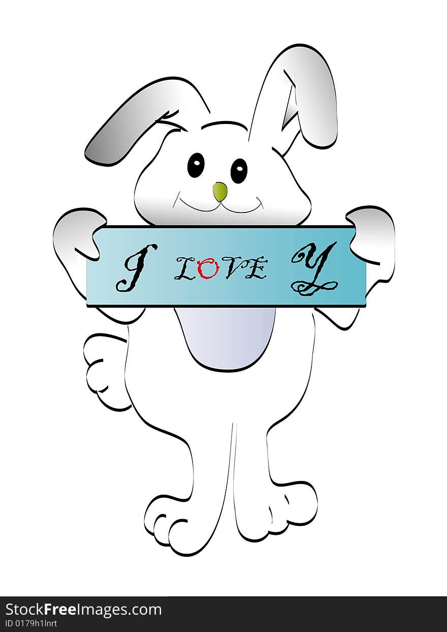 A board with i love you' on a rabbit`s hand