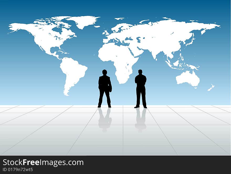 2 silhouettes of businessmen with world map.