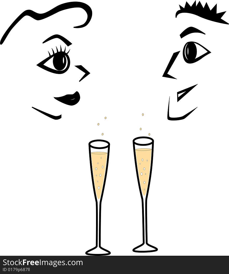 Simple and broadline faces of a couple celebrating over glasses of bubbling champagne. Vector available. Simple and broadline faces of a couple celebrating over glasses of bubbling champagne. Vector available.