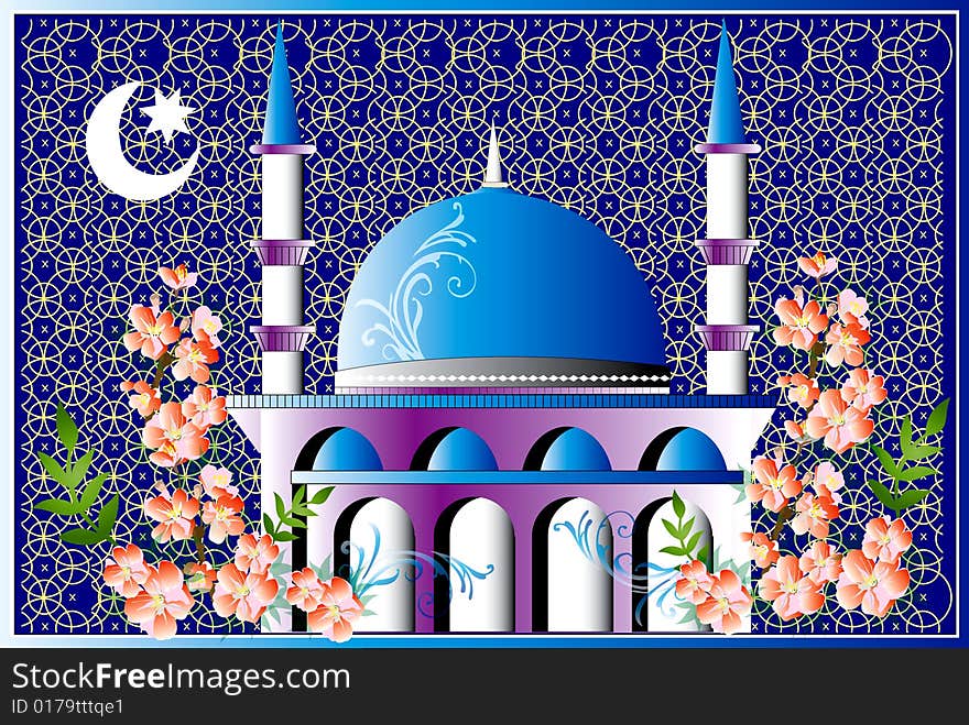 Drawing mosque  on the blue background