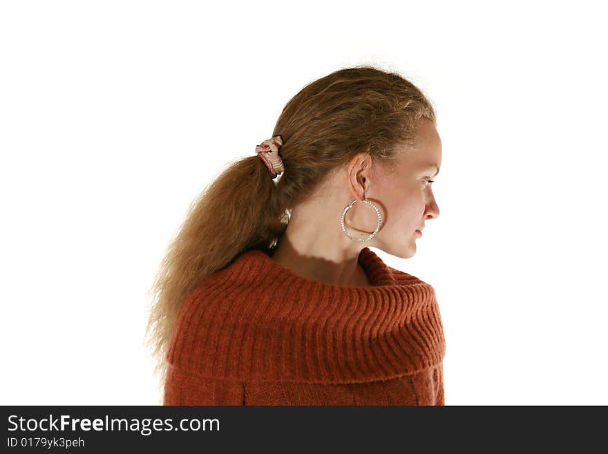 Girl in brown blouse on white