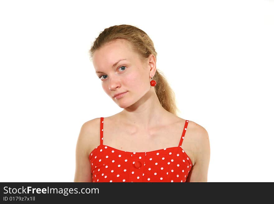 Girl in red dress on white background