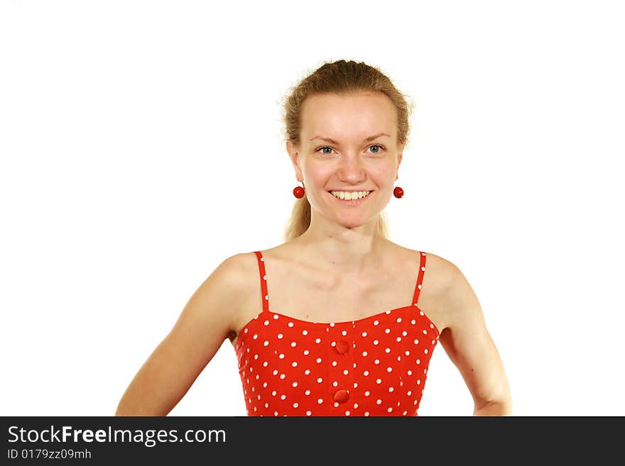 Girl in red dress on white background