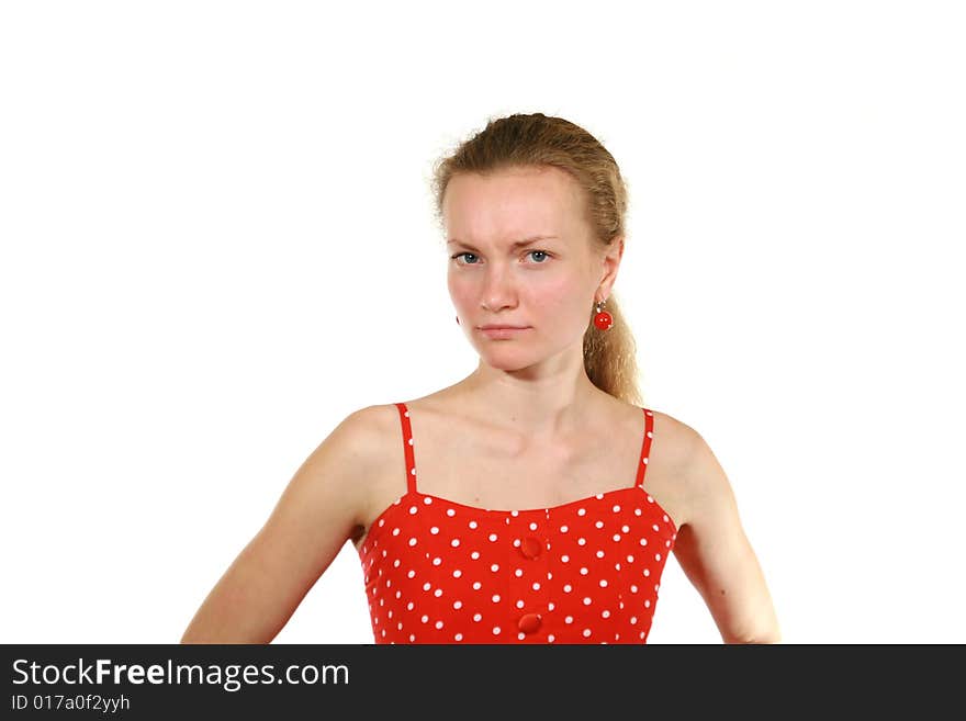 Girl in red dress on white background