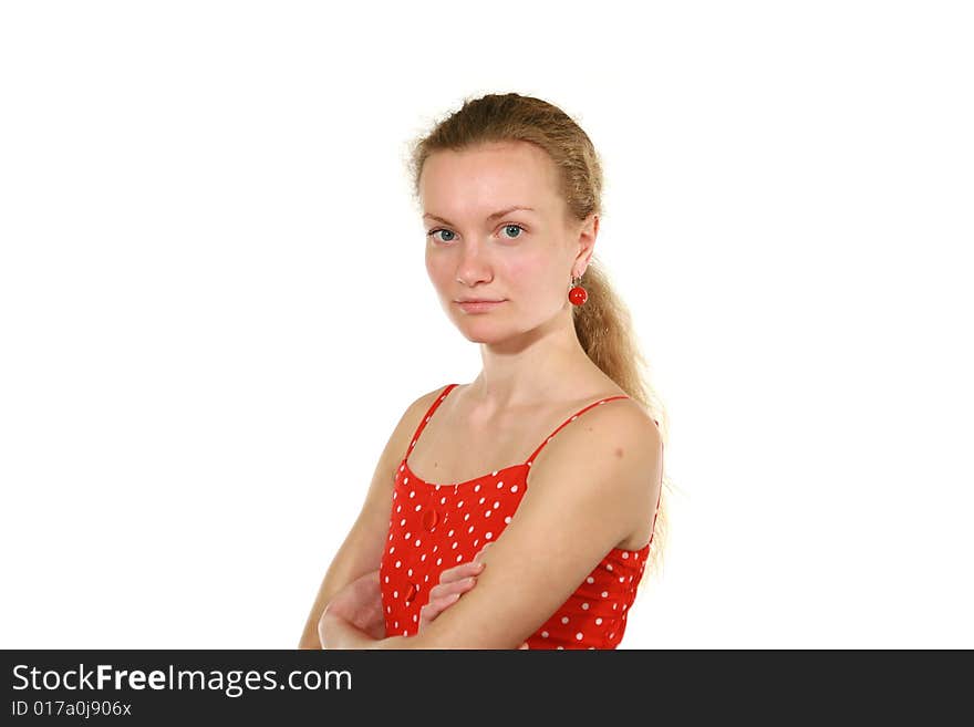 Girl in red dress on white background