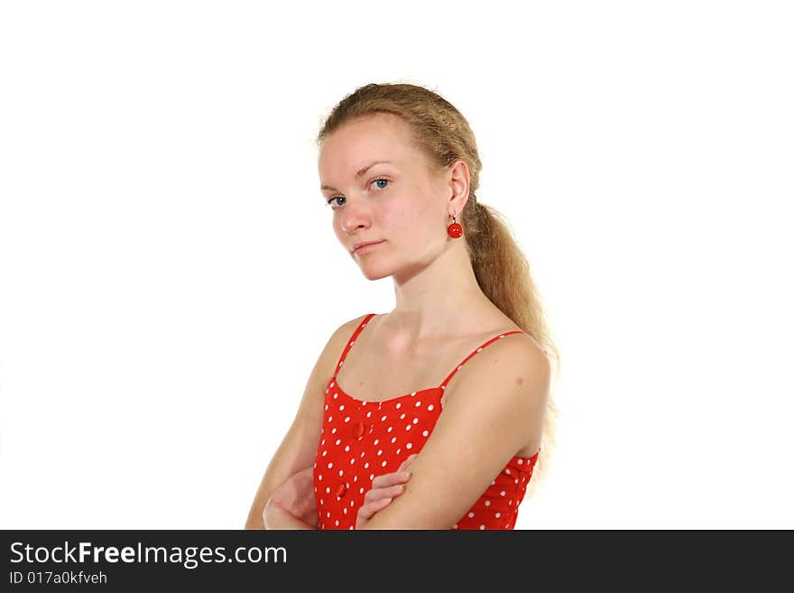 Girl in red dress on white background