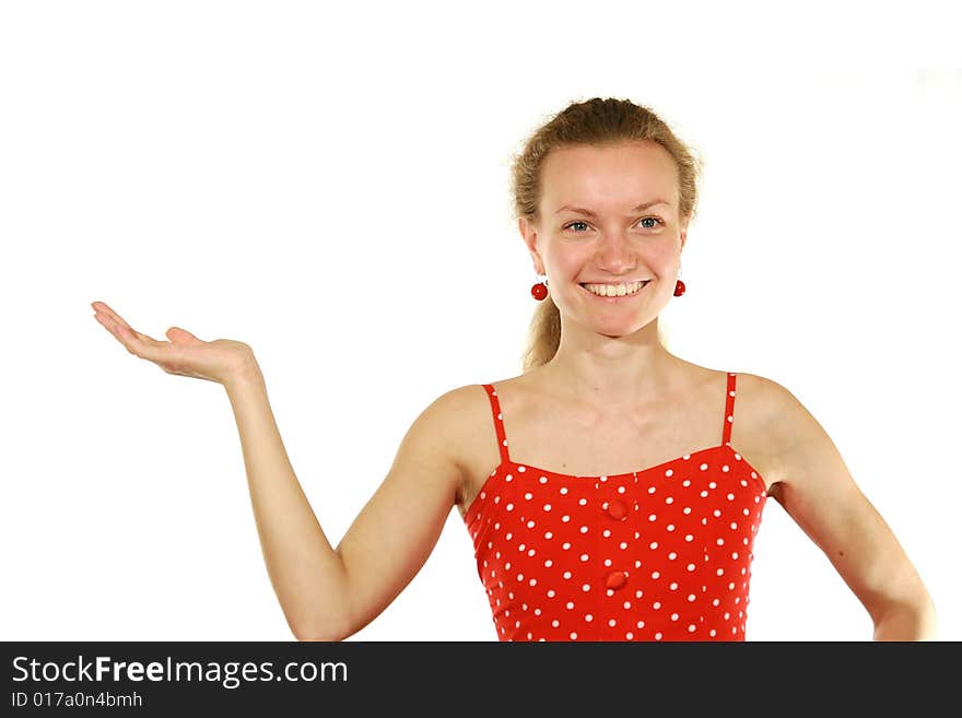 Girl in red dress on white background