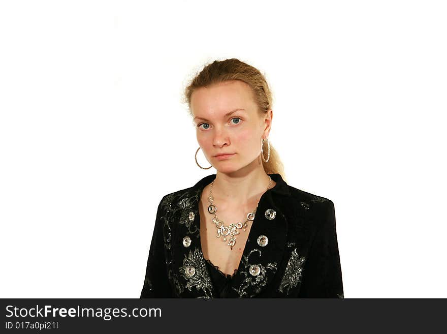 Girl in black suit on white background