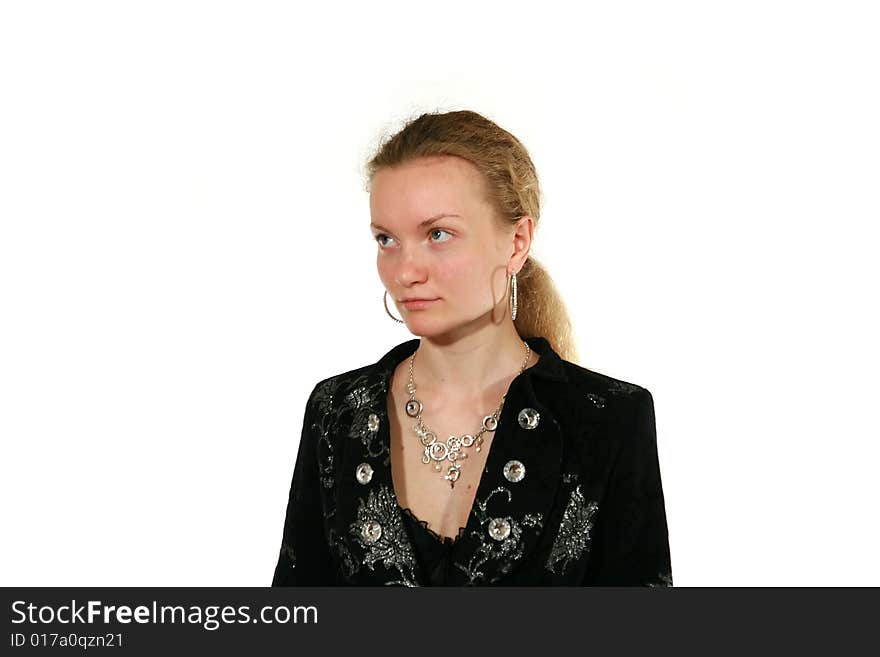 Girl in black suit on white background