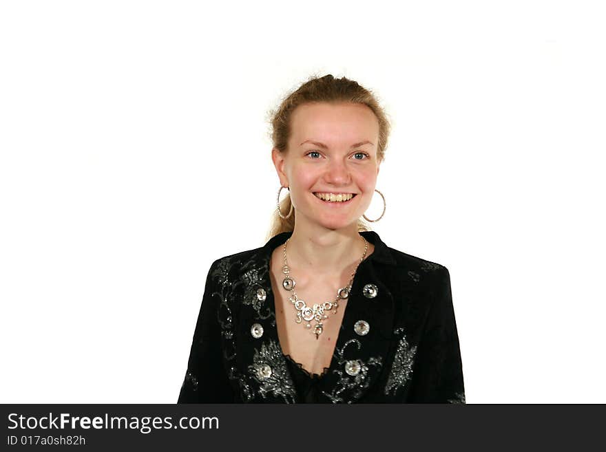 Girl in black suit on white