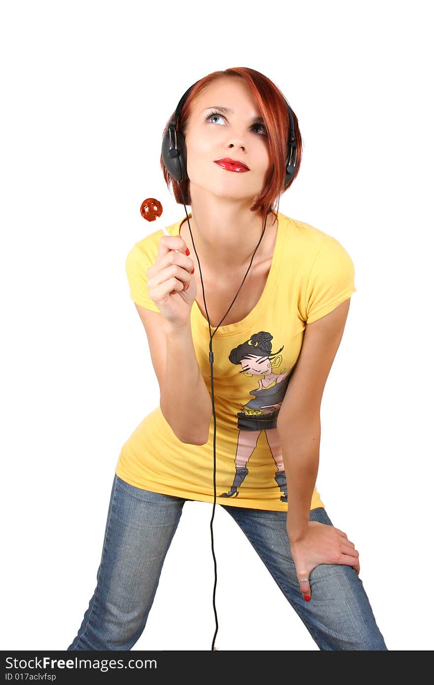 Fummy colorful girl listening music. Fummy colorful girl listening music