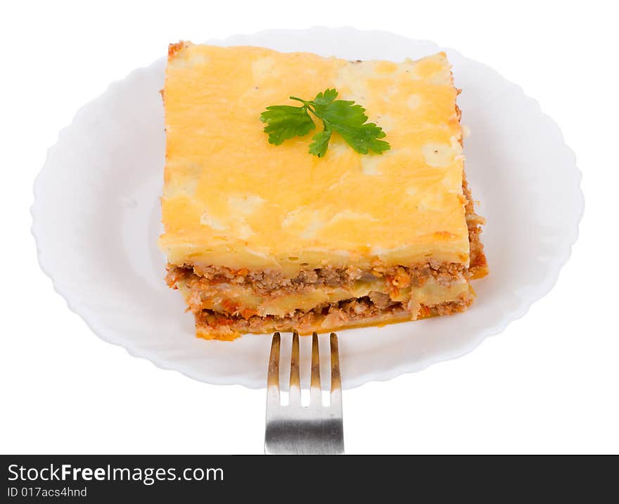 Lasagne on plate with fork