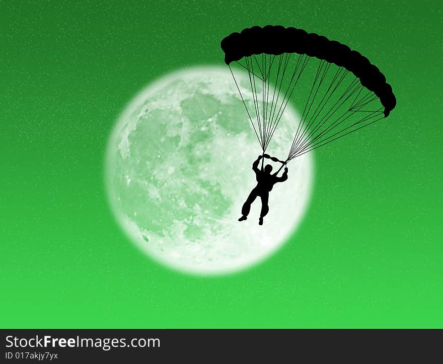 Parachutist in silhouette against a brilliant moon. Parachutist in silhouette against a brilliant moon