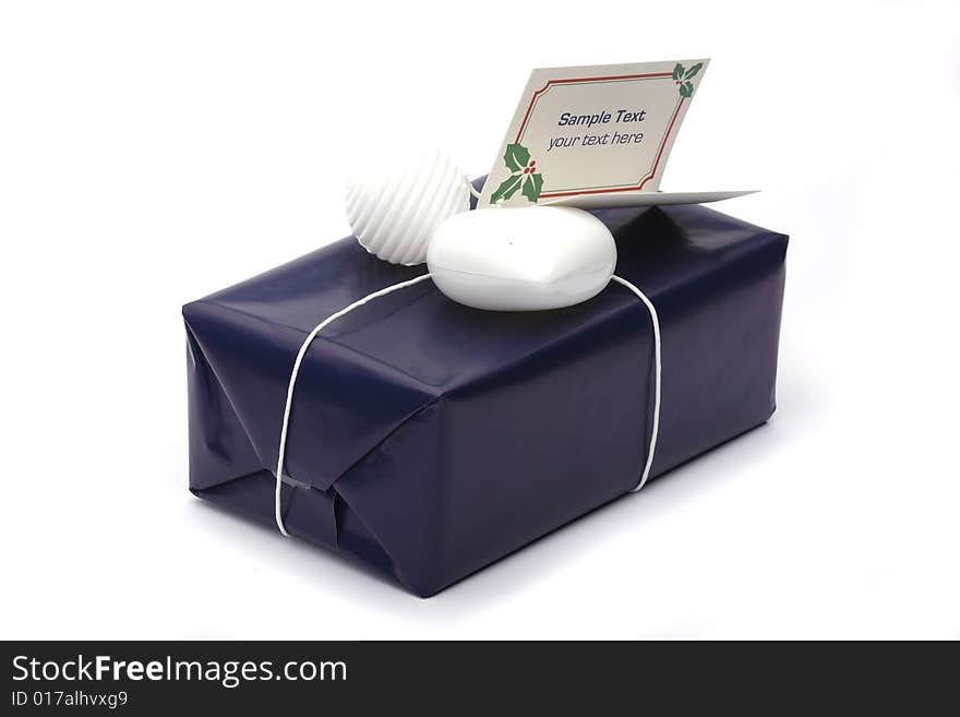 Dark blue present box with white ribbon isolated on white background. Dark blue present box with white ribbon isolated on white background