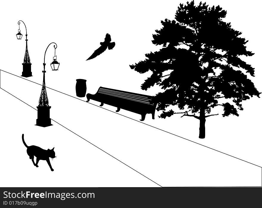 Illustration with cat on path in park. Illustration with cat on path in park