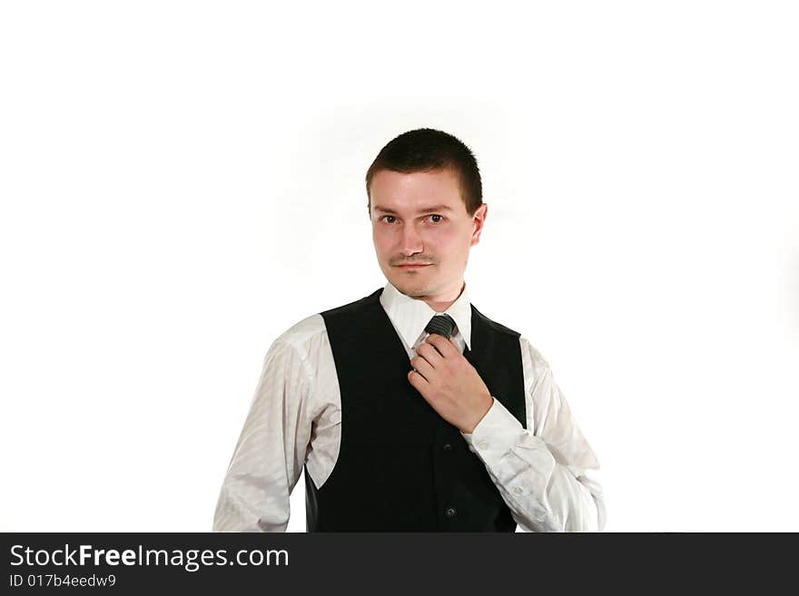 Young men in vest on white background