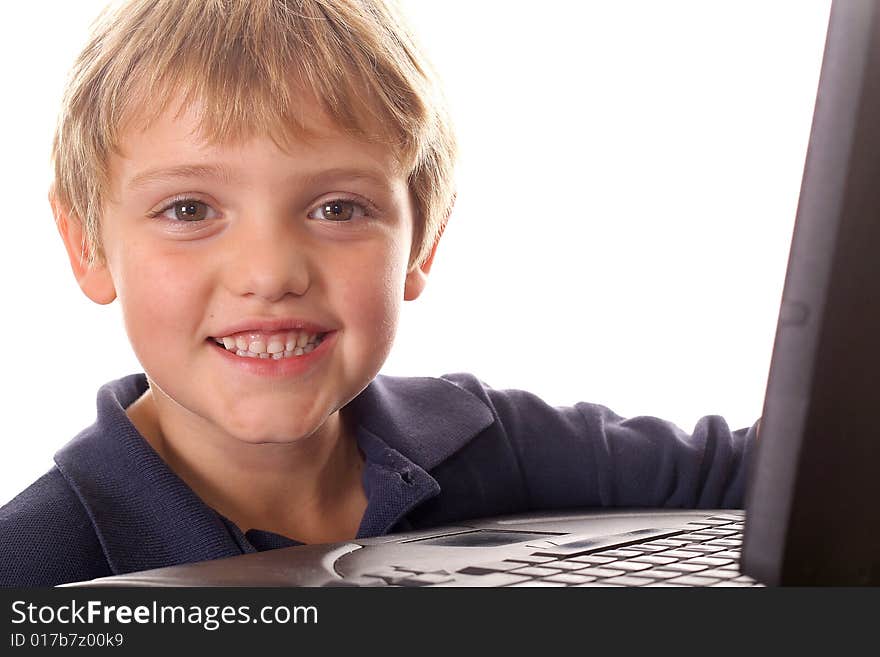 Happy Little Boy With Laptop Computer