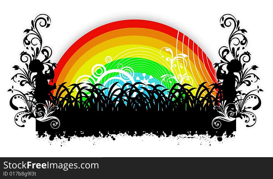 Onamental illustration inspired in nature - rainbow behind floral ornament and silouete. Onamental illustration inspired in nature - rainbow behind floral ornament and silouete