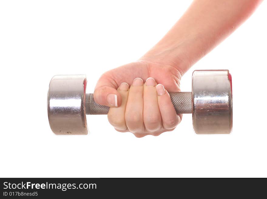 Female holding dumbbell weight isolated on white