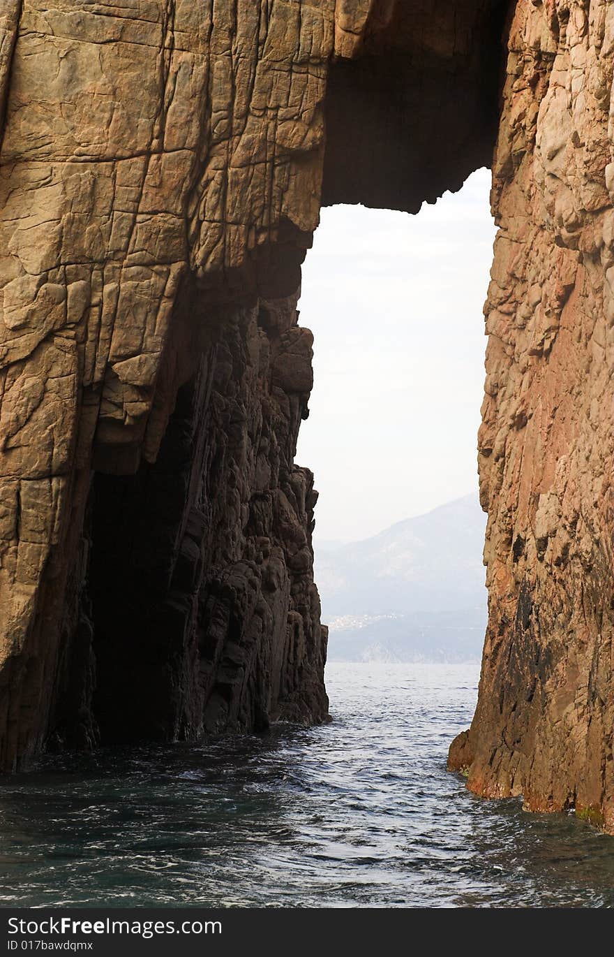 Water Way in Rock. Mediterranean Sea. Coastline outside Porto, Corse-Du-Sud, Corsica, France