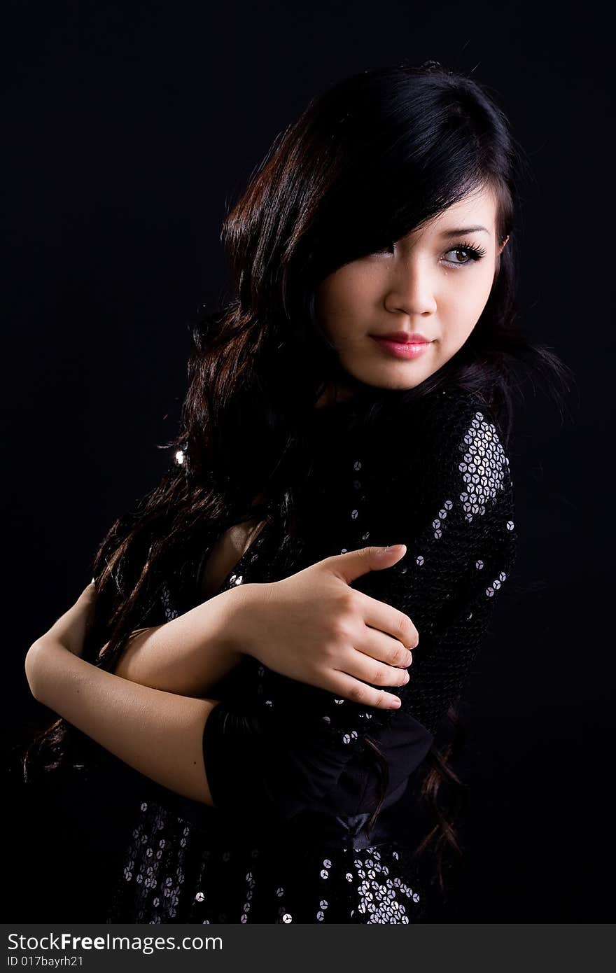 Asian Girl In Black Cocktail Dress