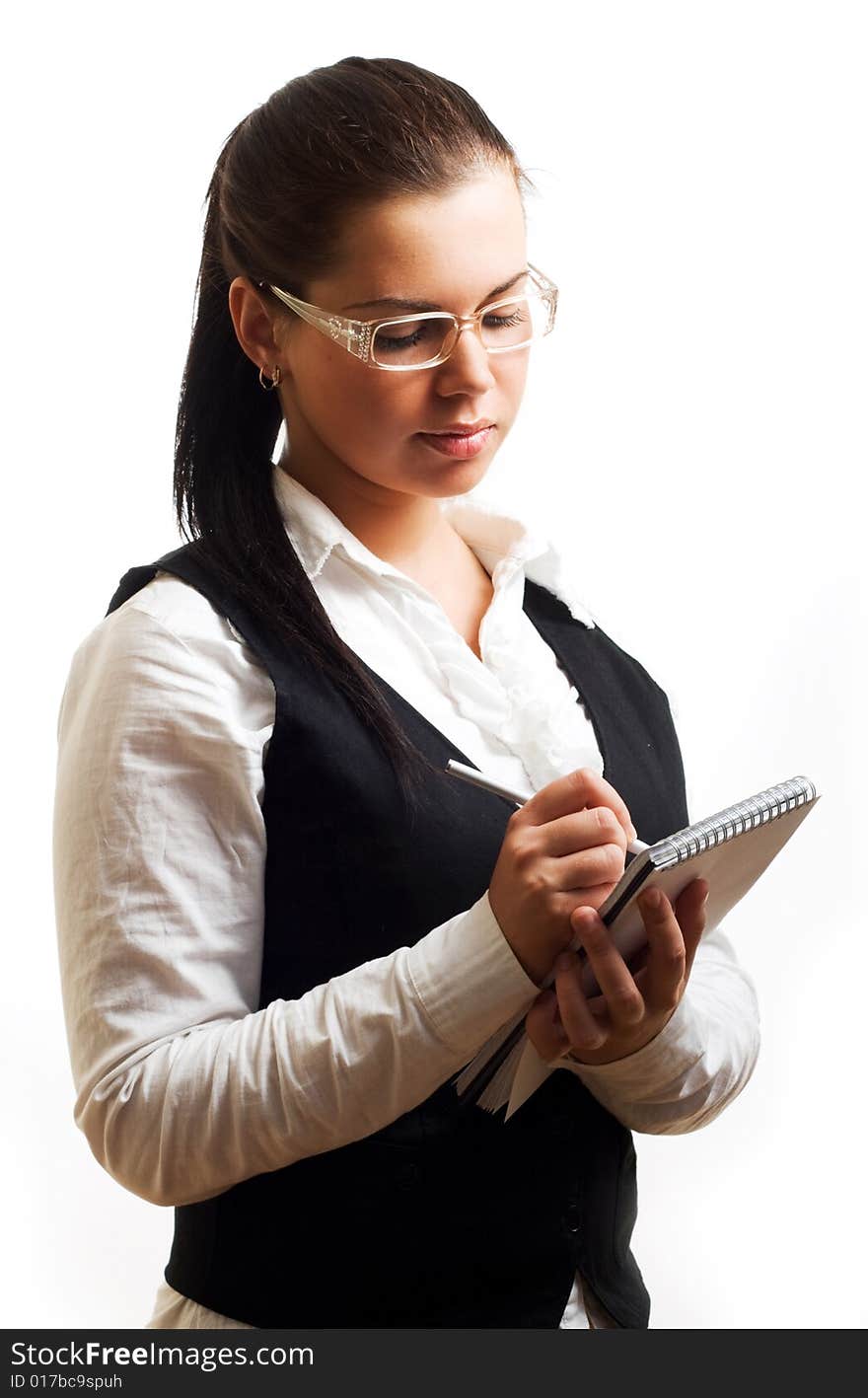 Young businesswoman with notepad. isolated on white. Young businesswoman with notepad. isolated on white.