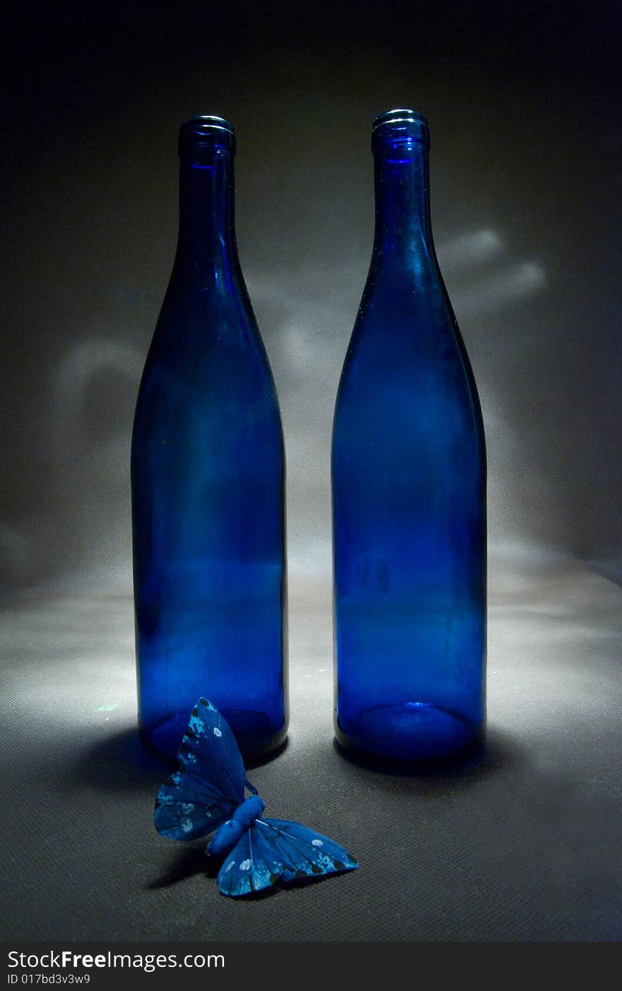 Blue, bottles, butterfly, art, decoration,