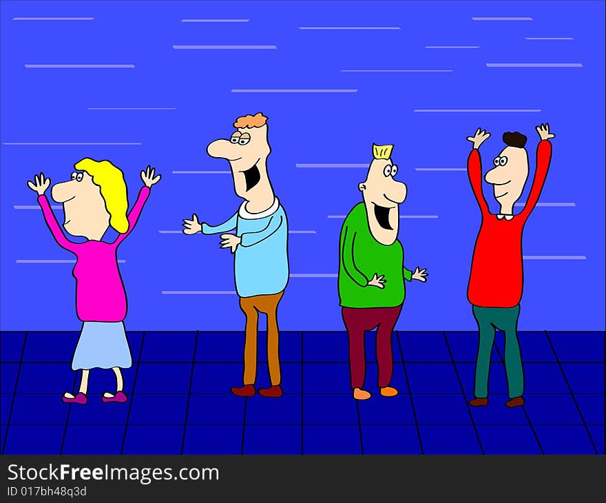 Four cartoon  funny people dancing on disco.