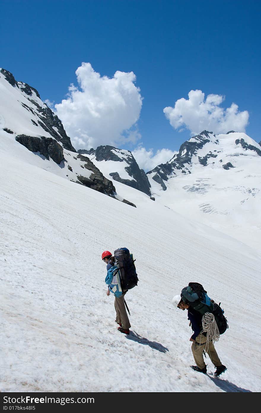 Couple of backpacker tourist in mountains. Couple of backpacker tourist in mountains