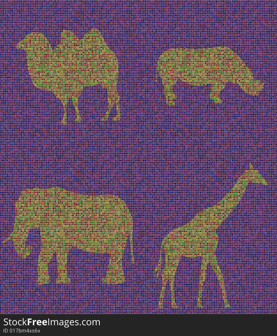 Mosaic tile illustration with wild animals. Mosaic tile illustration with wild animals