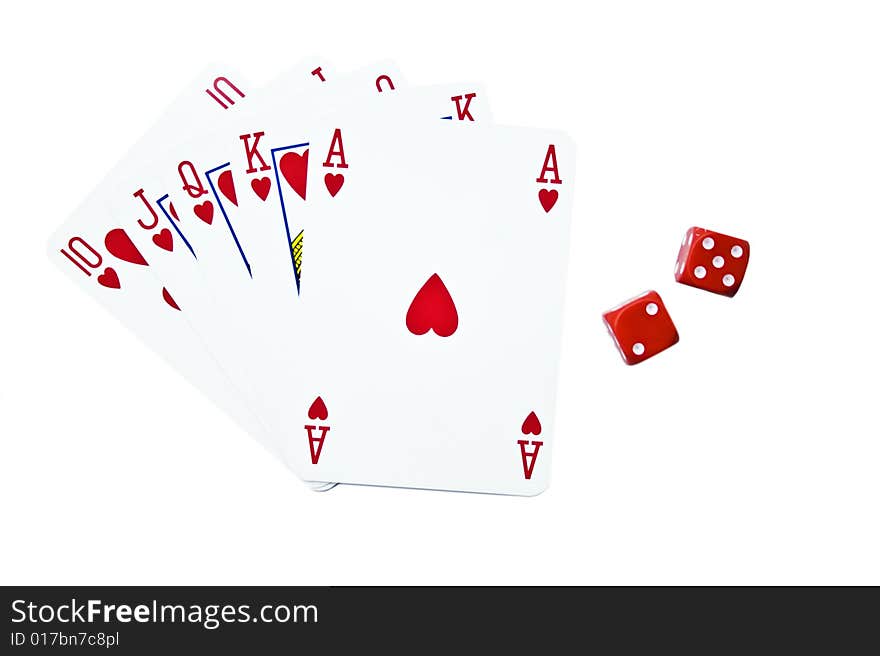 Dice and playing cards isolated on a white background