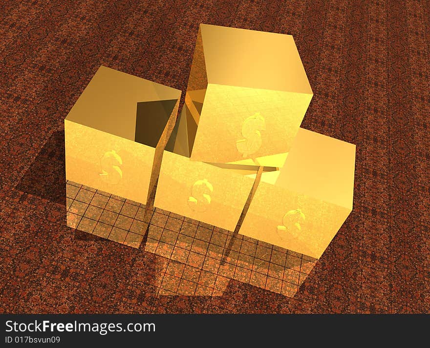 Gold dollar boxes 3d rendered