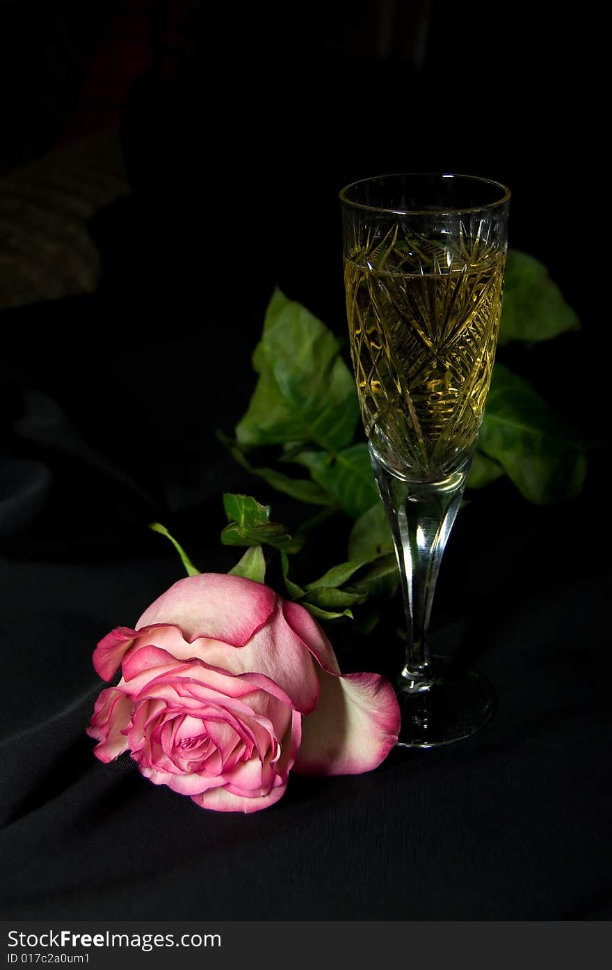 Glass with champagne and rose on black background