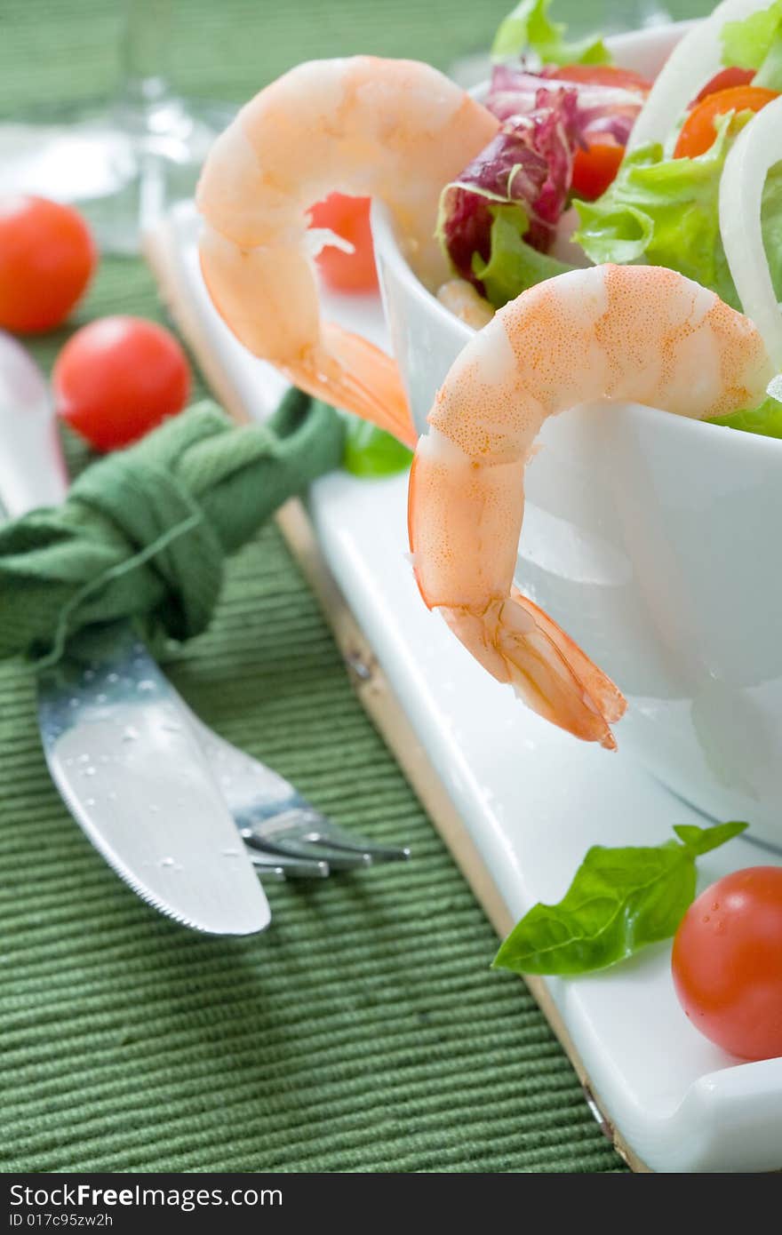 Lettuce salad with prawns and cherry tomato. Lettuce salad with prawns and cherry tomato