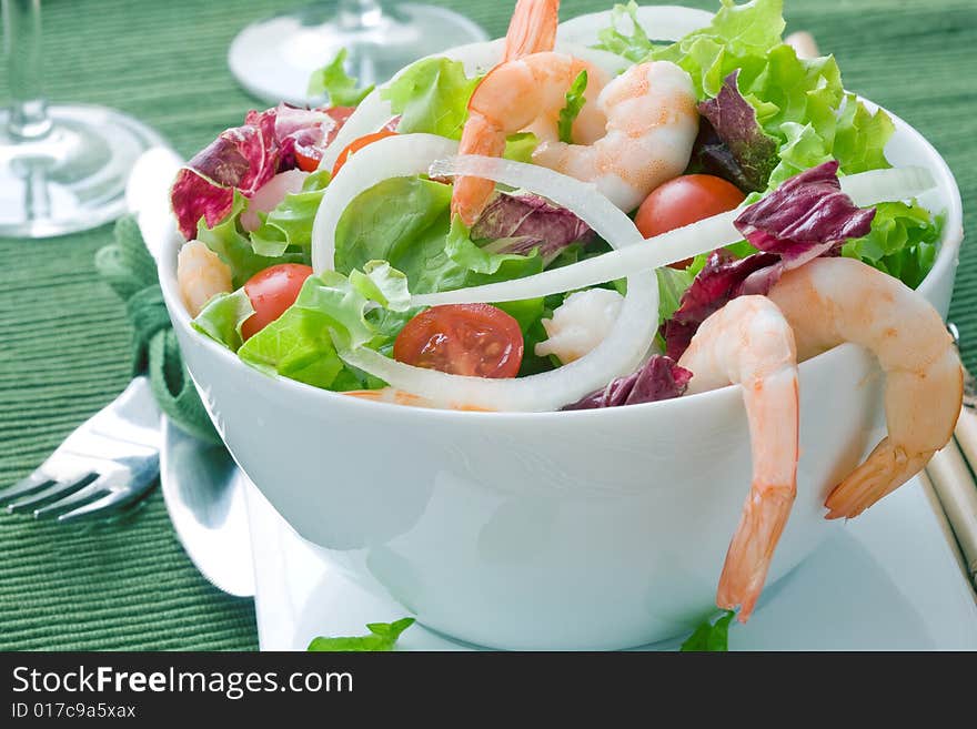 Lettuce salad with prawns and cherry tomato. Lettuce salad with prawns and cherry tomato