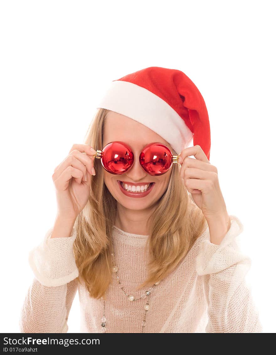 Winter portrait of a joyful woman in Santa hat