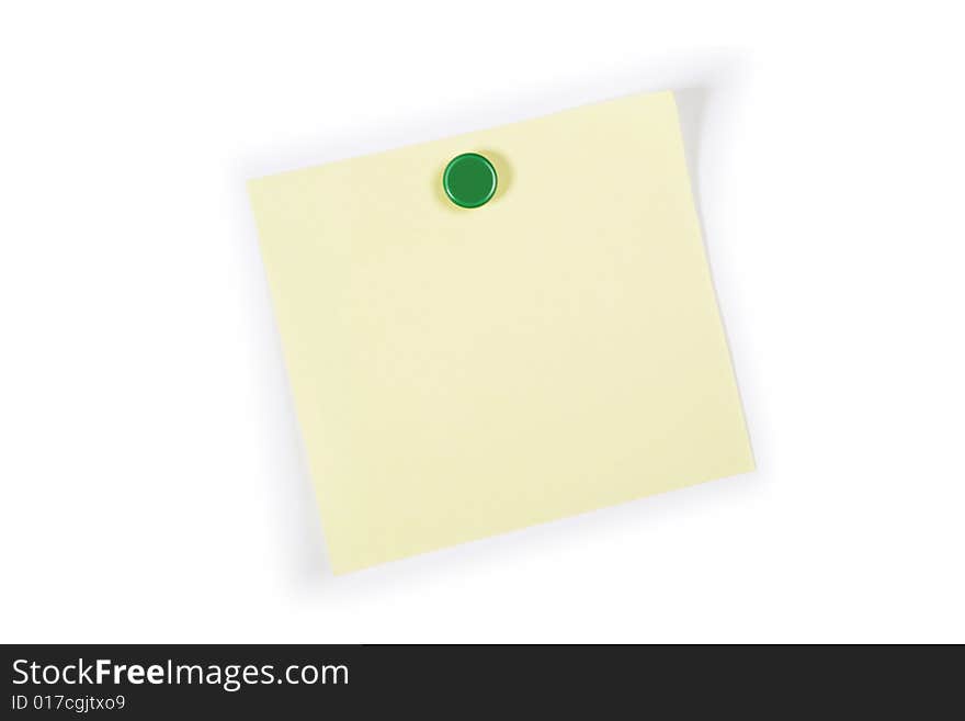 A square blank yellow adhesive note pinned on to a white background. A square blank yellow adhesive note pinned on to a white background