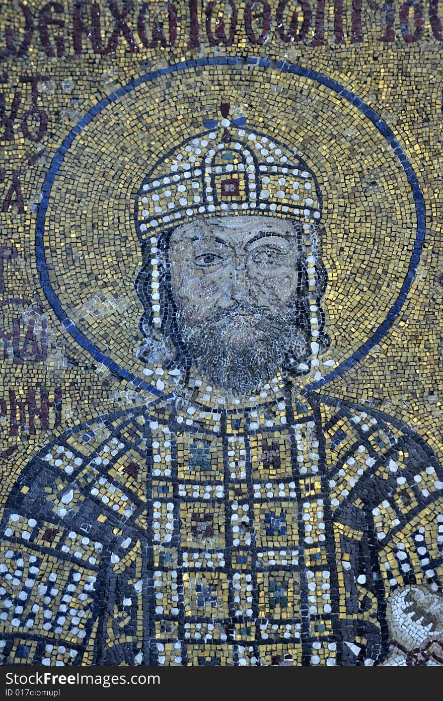 The Comnenus mosaics, equally located on the eastern wall of the southern gallery, date from 1122. The Virgin Mary is standing in the middle, depicted, as usual in Byzantine art, in a dark blue gown. She holds the Child Christ on her lap (wikipedia). The Comnenus mosaics, equally located on the eastern wall of the southern gallery, date from 1122. The Virgin Mary is standing in the middle, depicted, as usual in Byzantine art, in a dark blue gown. She holds the Child Christ on her lap (wikipedia).