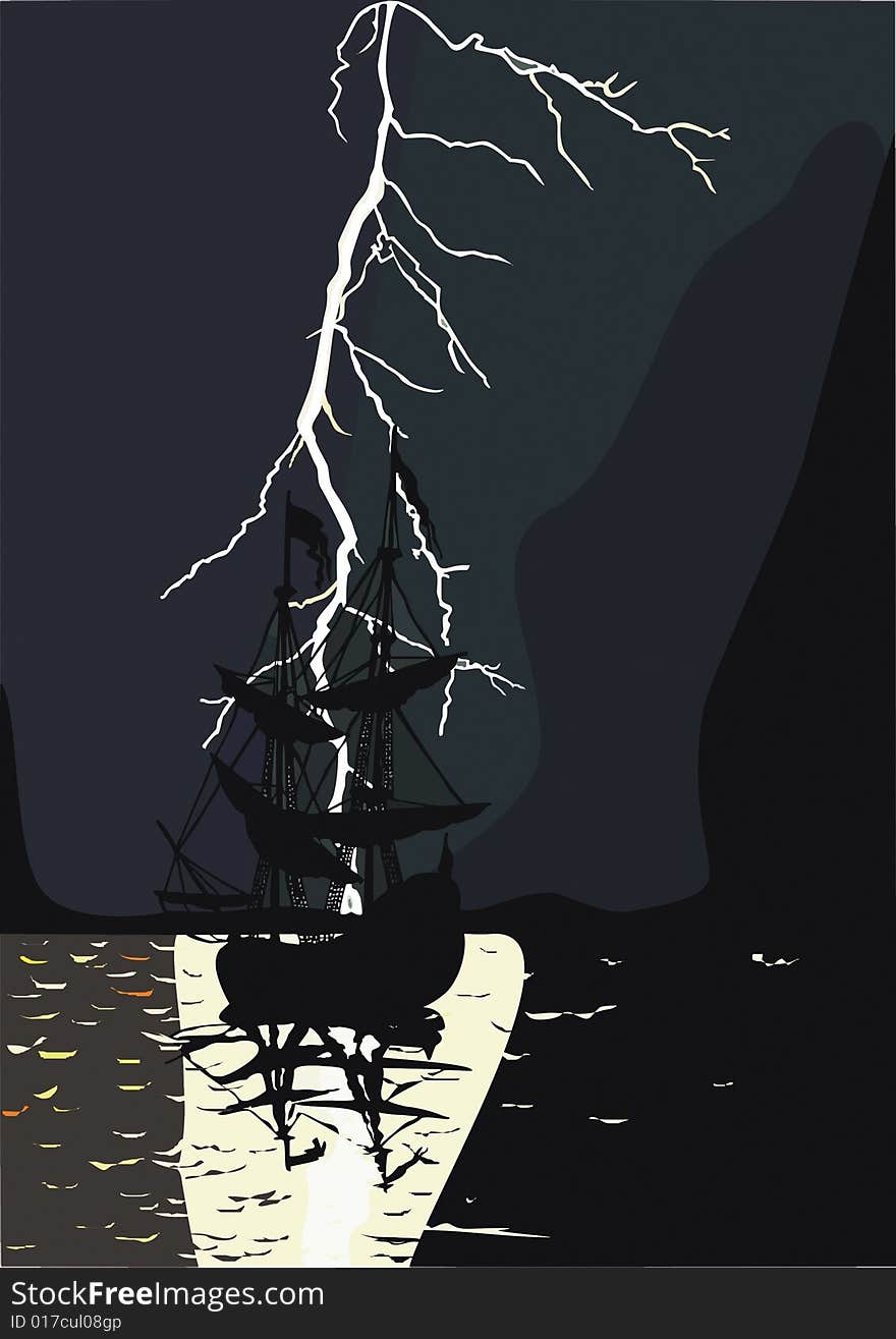 Illustration raster, a night storm at sea with a sailing ship. Illustration raster, a night storm at sea with a sailing ship.