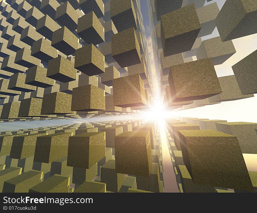 A building of old cubes in an array in space with a beam of light. A building of old cubes in an array in space with a beam of light.