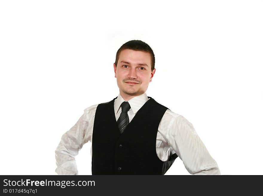 Young man in vest on white. Young man in vest on white