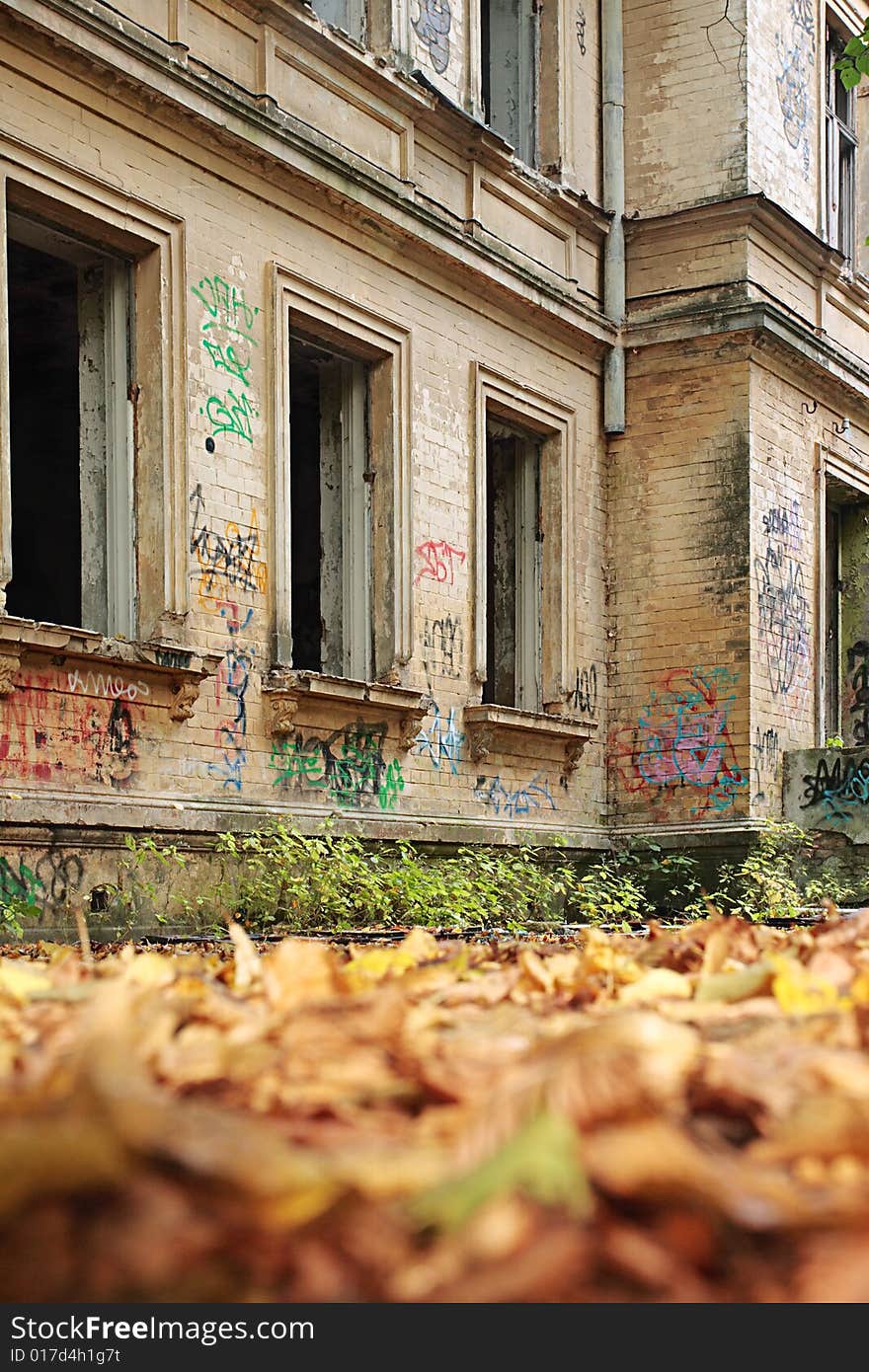 Autumn.Old house.Focus on a house.