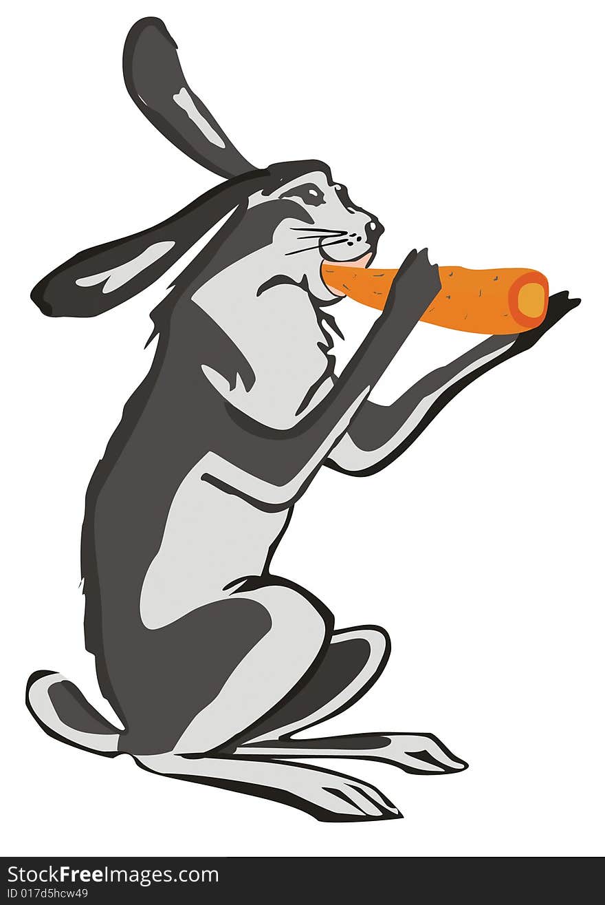 Illustration, raster, hare eat carrots on a white background. Illustration, raster, hare eat carrots on a white background.