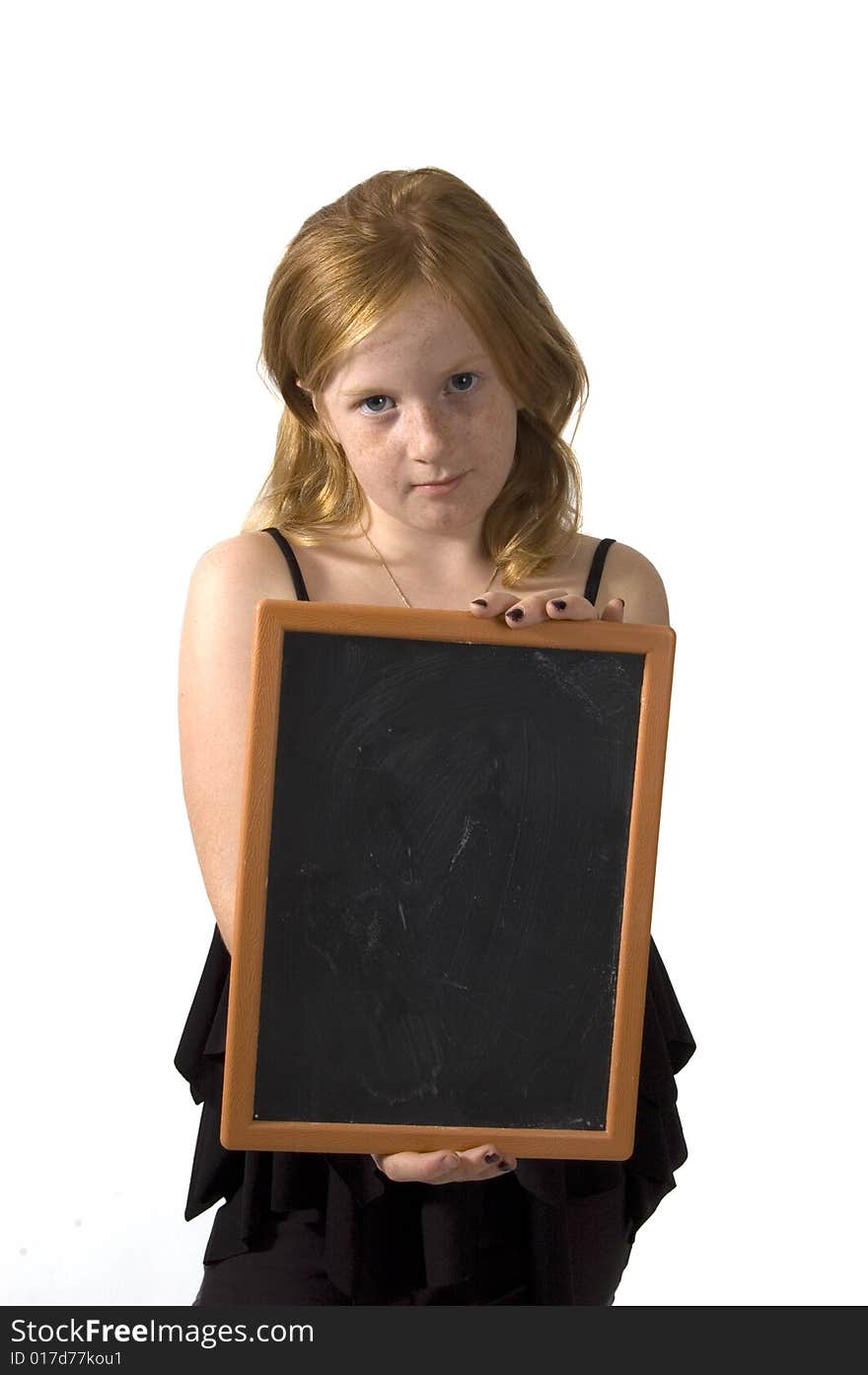 Little Girl Is Holding An Empty Chalkboard