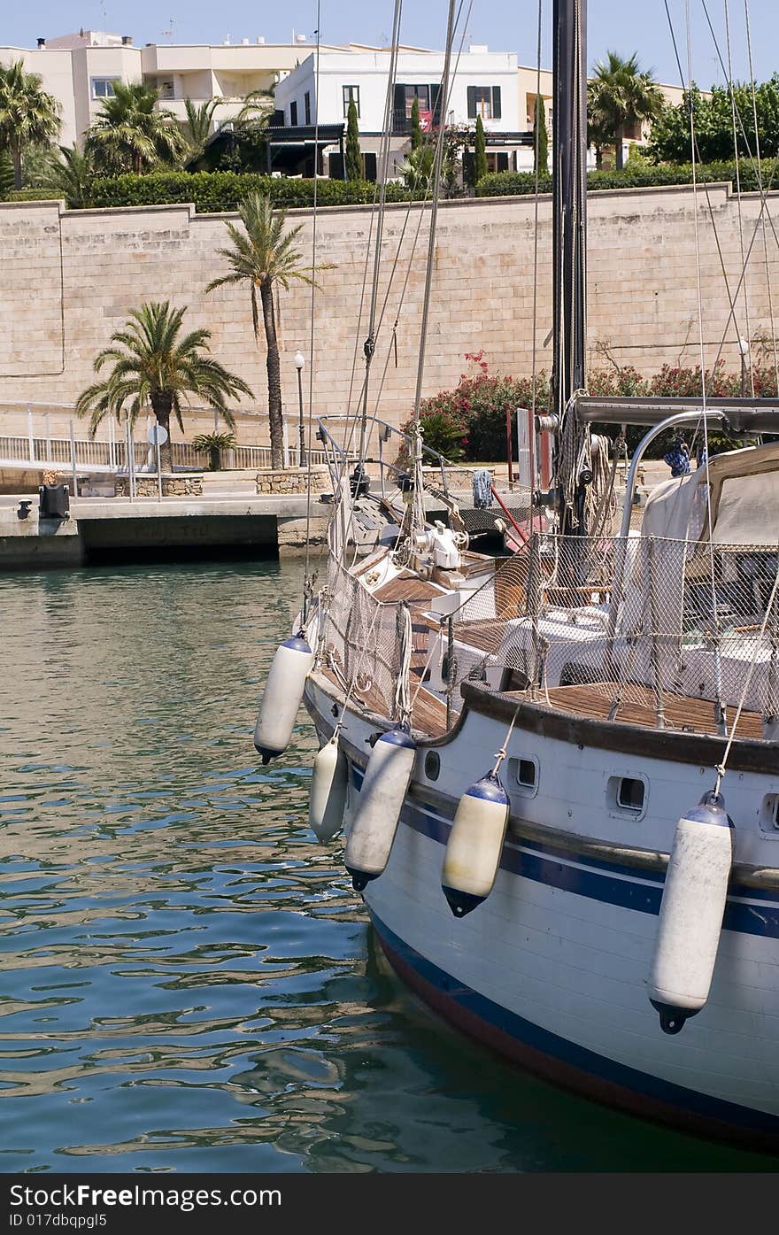 Menorca, Spain, port of Ciutadella with closeup boat. Menorca, Spain, port of Ciutadella with closeup boat