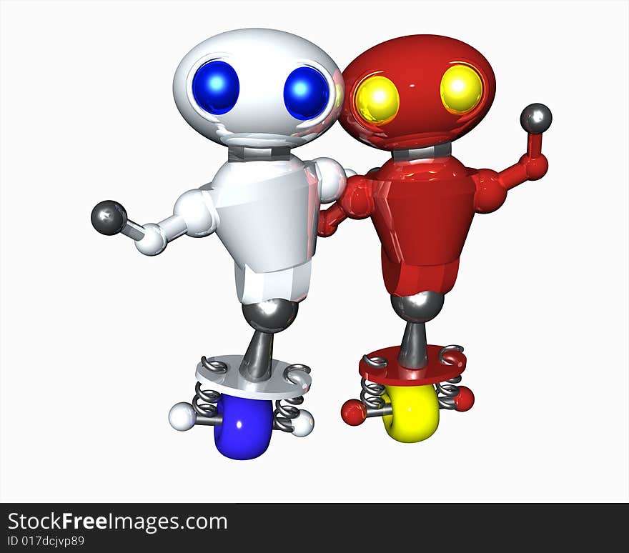 Two cute little robots of different color showing diversity. Two cute little robots of different color showing diversity.