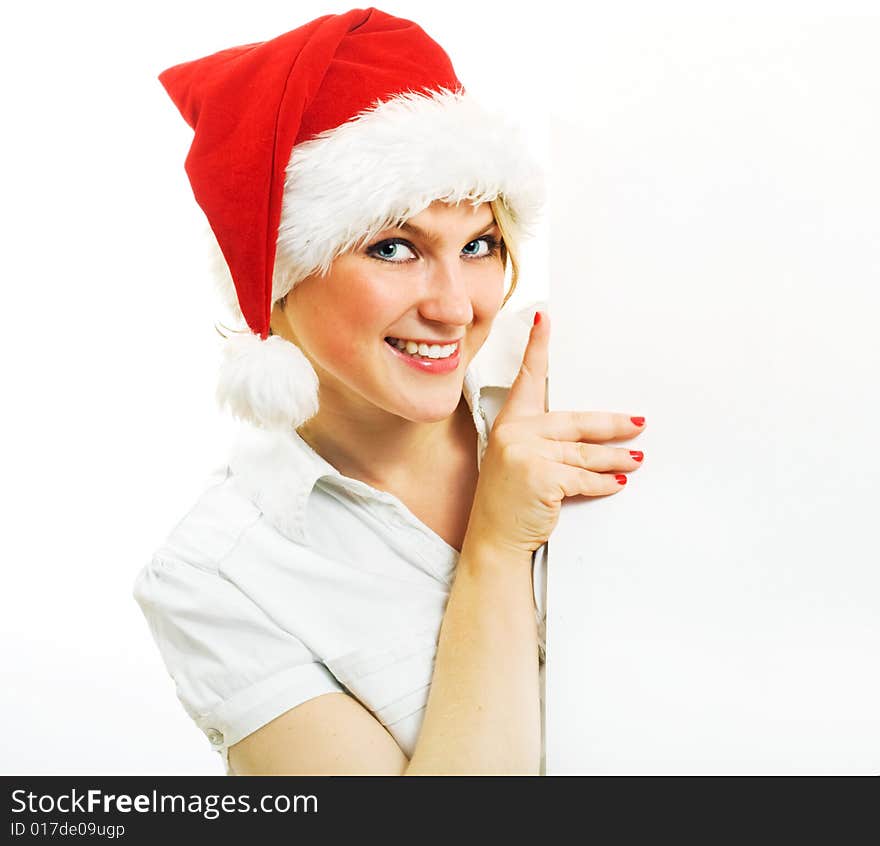 Mrs. Claus holding blank paper. Isolated on white.